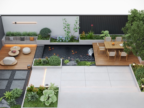  现代庭院景观 庭院花园 庭院水景 户外休闲椅 户外餐桌su模型 