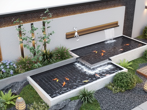  现代庭院景观 庭院花园 庭院水景 水景墙3d模型 