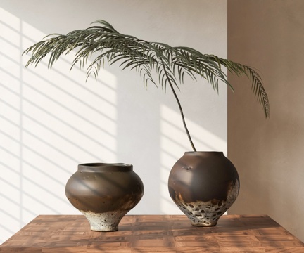  禅意柴烧陶罐花瓶摆件 罐子 绿植陶罐摆件3d模型 