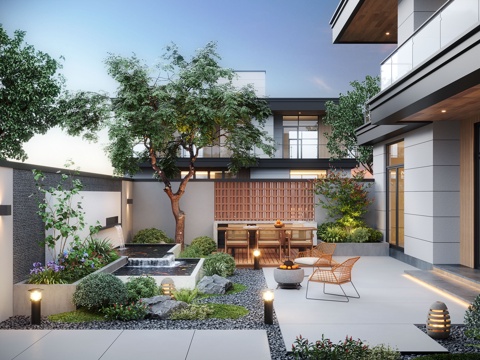  现代庭院景观 庭院花园 庭院小品 户外休闲椅 户外餐桌 庭院3d模型 
