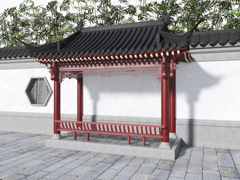  中式亭子 古建亭子 休息亭 半亭 古建 中式风雨亭su模型 