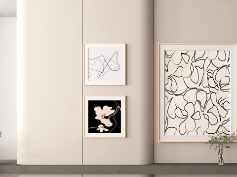  墙面装饰简约装饰画 黑白线条画 现代艺术挂画 抽象花卉画3d模型 