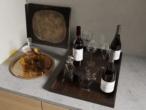  现代酒水 酒杯 红酒 洋酒 托盘3d模型 