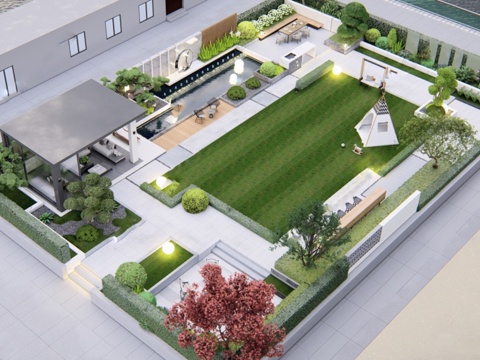  现代屋顶花园 空中花园 庭院花园su模型 
