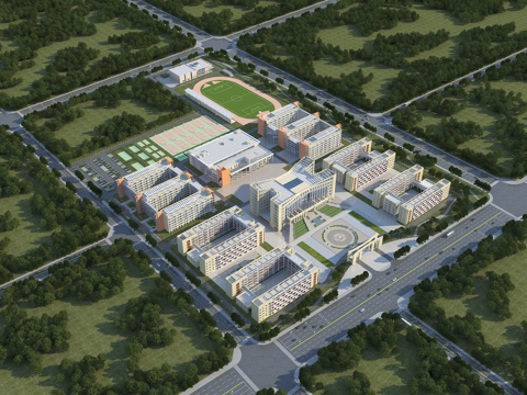 学校，建筑，多层，文教，现代，篮球场，足球场，大学，专科院校3d模型 