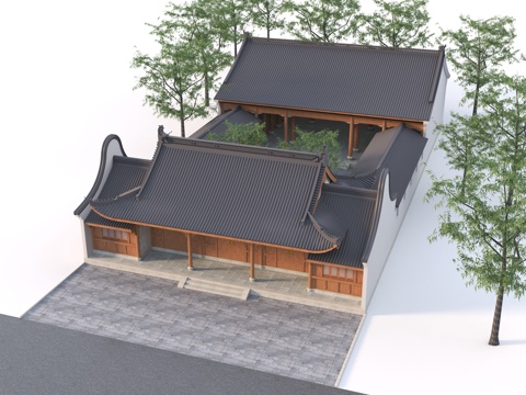  中式古建 寺庙 祠堂祖祠 宗祠 观音兜su模型 