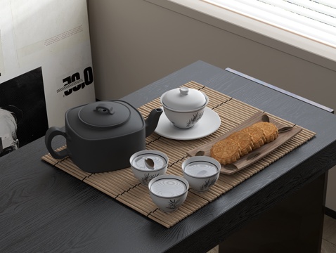  中式茶具组合 茶壶 茶杯 月饼点心su模型 