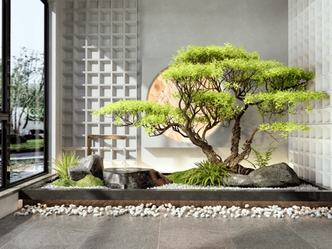  新中式庭院小品 室內(nèi)景觀造景 水缽水景 石頭 植物景觀3d模型 