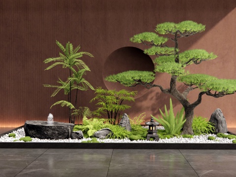  新中式庭院小品 室內景觀 植物造景 植物組合 水缽 花草3d模型 