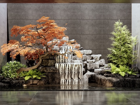  新中式假山水景 室内景观小品 石头 天井景观 庭院小品 红枫3d模型 