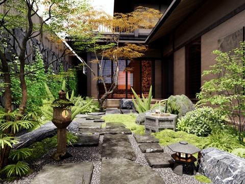  日式禅意庭院花园 汀步 青石板 水钵水景 植物组合 苔藓景观su模型 