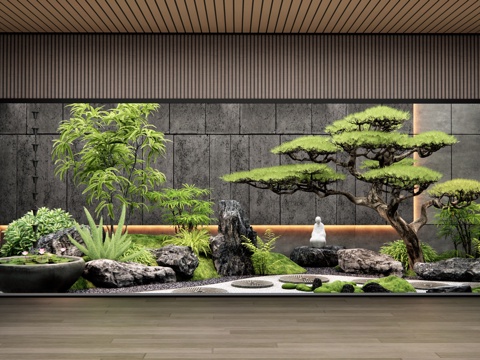  新中式天井庭院小品 室内景观造景 汀步 石头 苔藓 植物造景su模型 