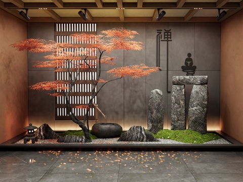  新中式庭院景觀小品 室內(nèi)景觀 景觀石頭 水缽 紅楓景觀樹3d模型 