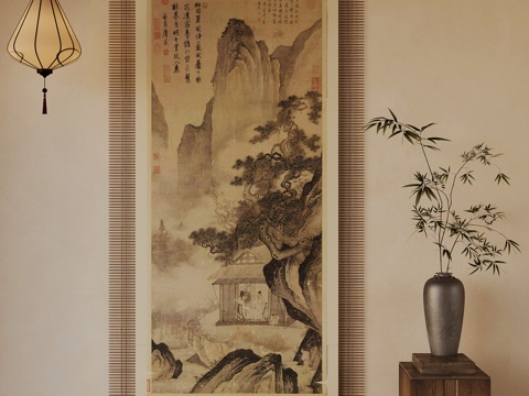  新中式装饰画 花瓶摆件 吊灯3d模型 