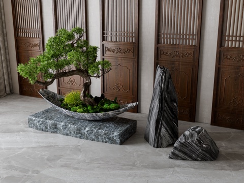  新中式假山绿植摆件3d模型 