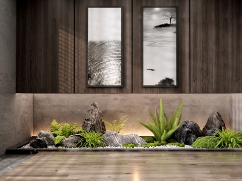  日式庭院小品 室内景观 植物造景 石头 苔藓景观 植物堆su模型 