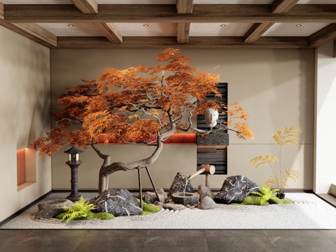  新中式室內(nèi)景觀造景 庭院景觀小品 枯山水 紅楓景觀樹 石頭3d模型 
