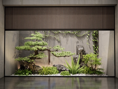  新中式庭院景觀小品 室內(nèi)景觀 天井景觀 松樹 植物組合3d模型 