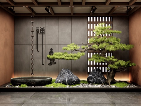  新中式室內(nèi)景觀 庭院景觀小品 景觀石頭 水缽 雨鏈 松樹(shù)造景3d模型 