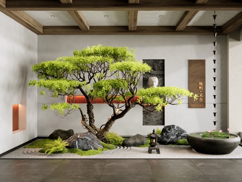  新中式庭院小品 室內(nèi)景觀造景 枯山水 景觀石頭 水缽水景3d模型 