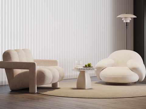  现代奶油风休闲沙发 单人沙发 边几su模型 