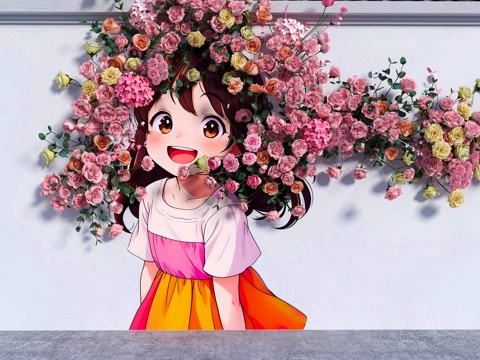  花多墙 卡通围墙 花朵女孩头发 现代美陈墙面 墙绘花朵围墙3d模型 