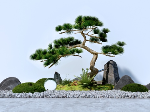  庭院景观  罗汉松  假山水景  景观小品3d模型 