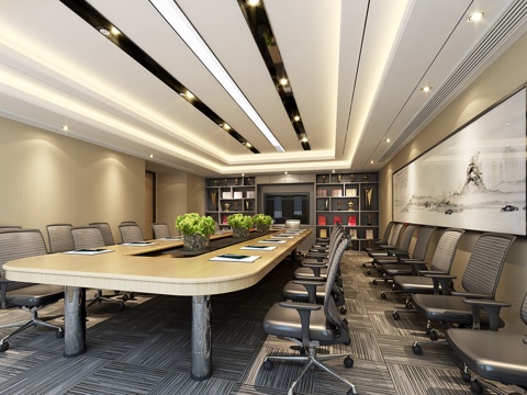  现代办公会议室 会议桌 办公椅子 奖牌 奖状3d模型 