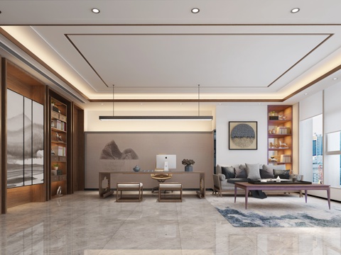  新中式办公室 董事长办公室3d模型 