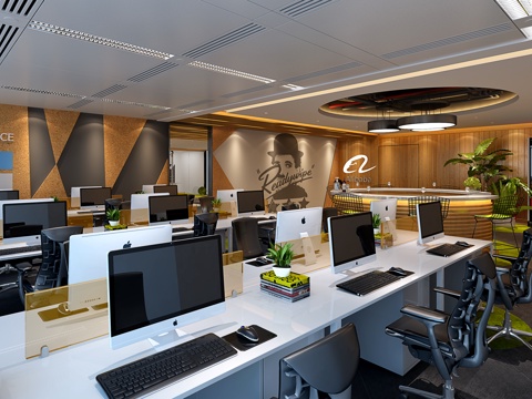  现代开放办公区 吧台 吧椅 绿植 办公桌椅3d模型 