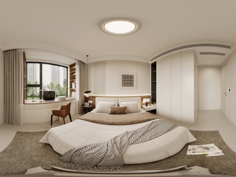 现代奶油风卧室cr全景3d模型