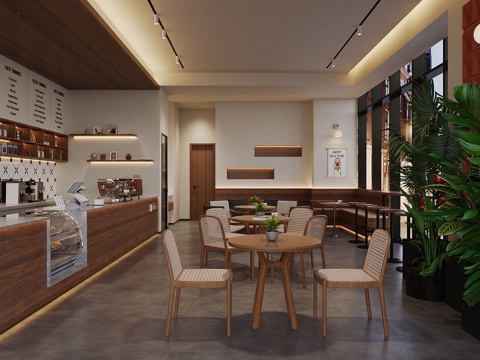  原木咖啡厅 咖啡桌椅 咖啡店操作台 咖啡店工作台 收银前台3d模型 