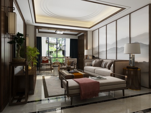  新中式客廳餐廳 吊燈 掛畫(huà) 沙發(fā) 茶幾3d模型 