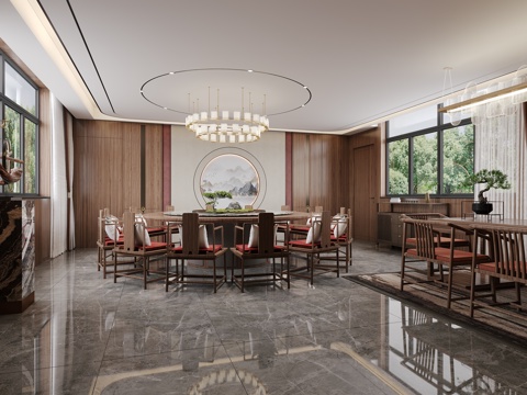  新中式餐廳 圓桌餐椅 飯店包間3d模型 