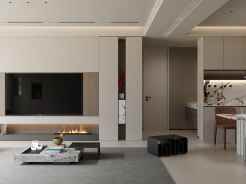  現(xiàn)代奶油客餐廳3d模型 