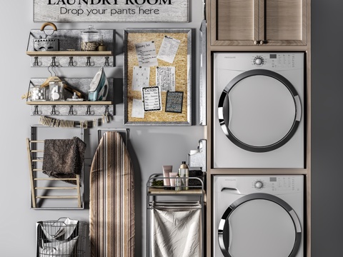  现代洗衣房储物设计3d模型下载 堆叠式洗衣机烘干机 多功能熨烫收纳区 