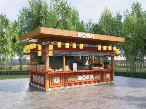新中式国潮售卖亭 集装箱售货亭 商业餐饮店铺 商业售卖花车su模型