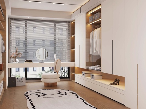  法式奶油风衣帽间 衣柜 梳妆台su模型 