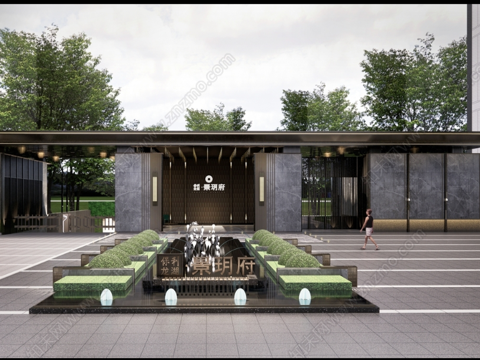  现代新中式 主入口大门su模型 