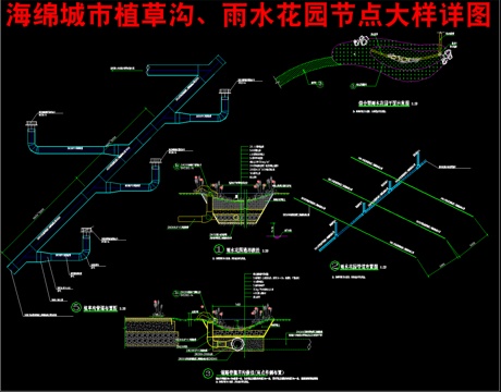  海綿城市植草溝、雨水花園節(jié)點(diǎn)大樣詳圖cad施工圖 