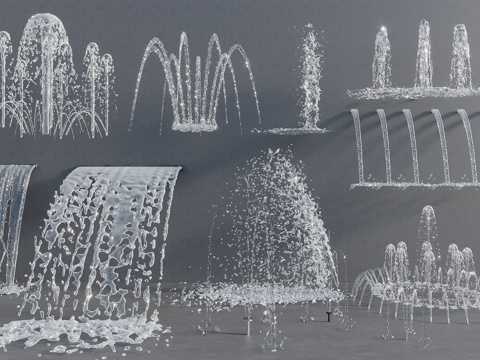  现代新中式喷泉 喷泉水景 涌泉 水幕帘 水柱水花 跌水3d模型 