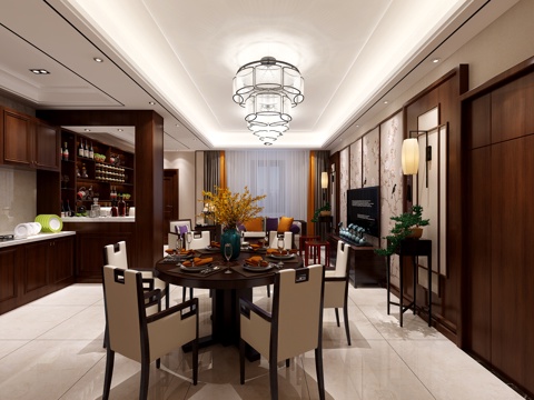  新中式客餐廳 餐桌椅 沙發(fā)茶幾 吊燈 桌面擺件 掛畫(huà)3d模型 