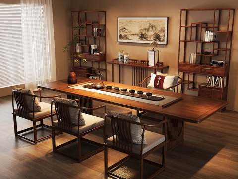  新中式茶室 實木茶桌椅 博古架 茶具3d模型 