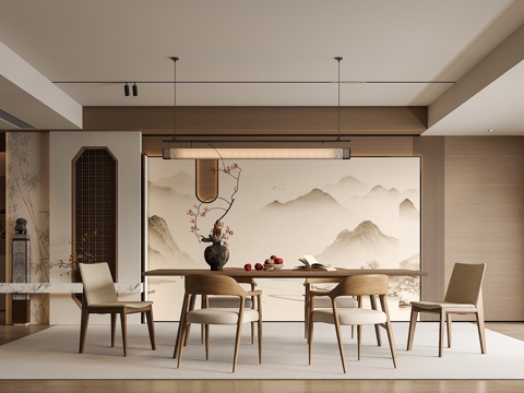  宋氏中古風(fēng)餐廳 餐桌椅組合 吊燈 綠植擺件 玄關(guān)柜3d模型 