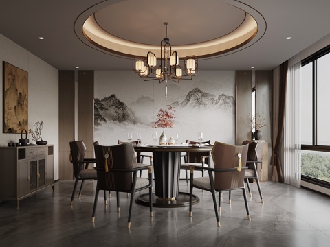  新中式餐廳 餐桌椅 餐邊柜 吊燈3d模型 