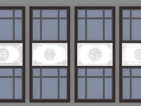  连体窗 窗花板 中式浮雕 中式格栅su模型 