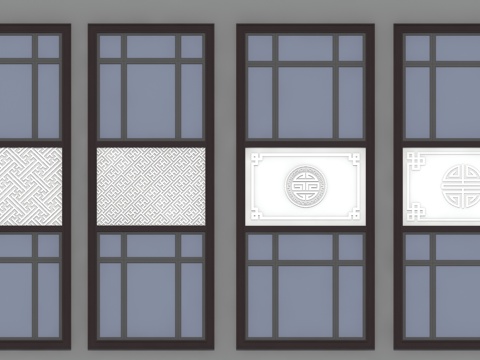  连体窗 窗花板 中式浮雕 中式格栅su模型 