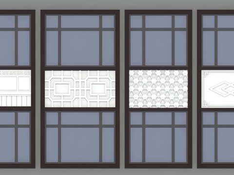  连体窗 窗花板 中式浮雕 中式格栅su模型 