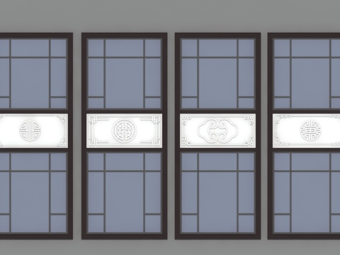  连体窗 窗花板 中式浮雕 中式格栅su模型 