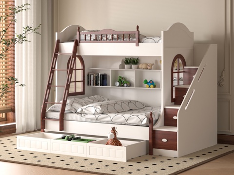  现代儿童双层床3d模型下载 带储物楼梯和书架设计 温馨儿童房家具 